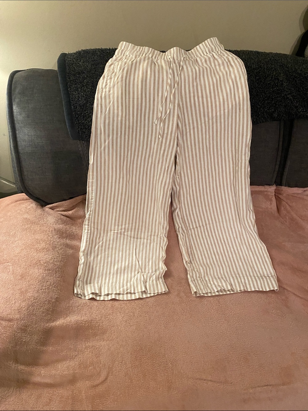 a new day Cream and Tan Striped Capri Pants with Drawstring Waist